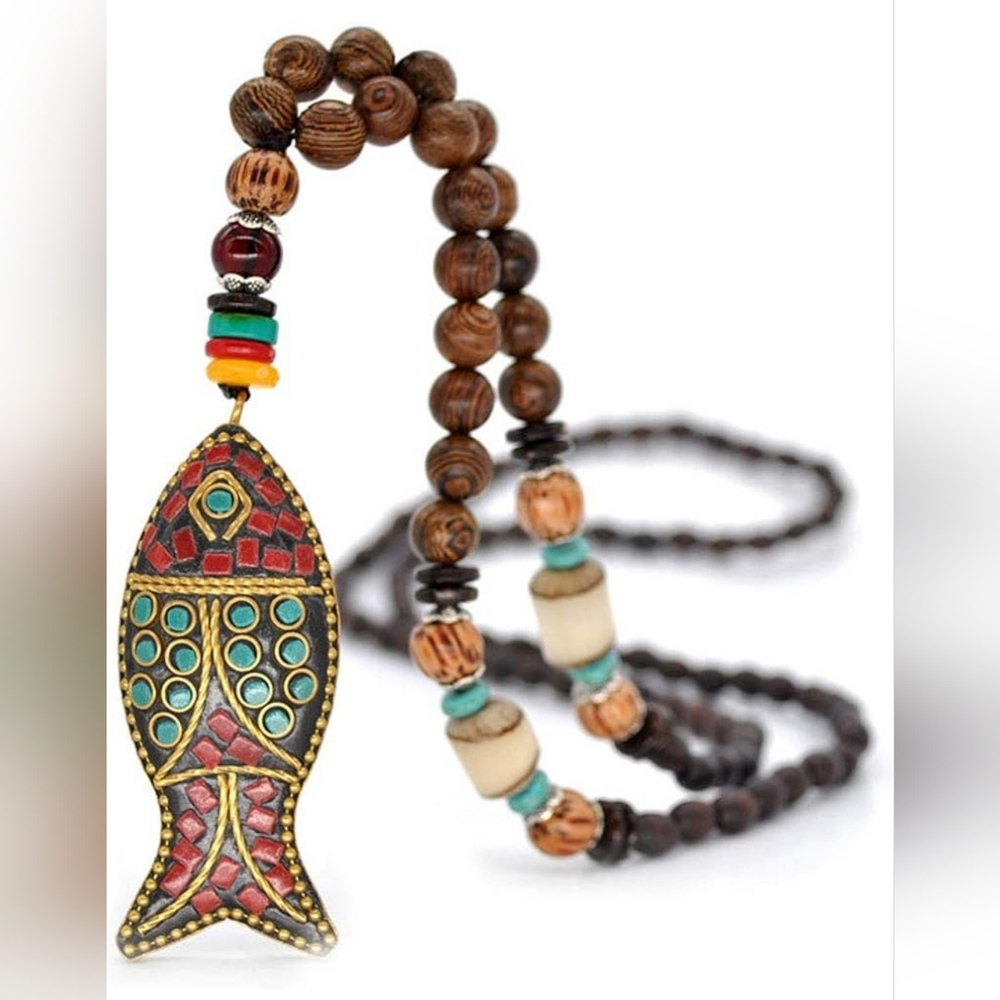 Inlaid Turquoise & Coral Fish Shaped Pendant w/ Wooden Beaded Bohemian Necklace